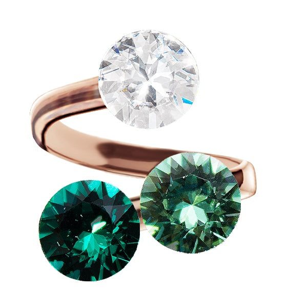 Rosegold gredzens ar erinite, caurspīdīgu un emeralda kristālu