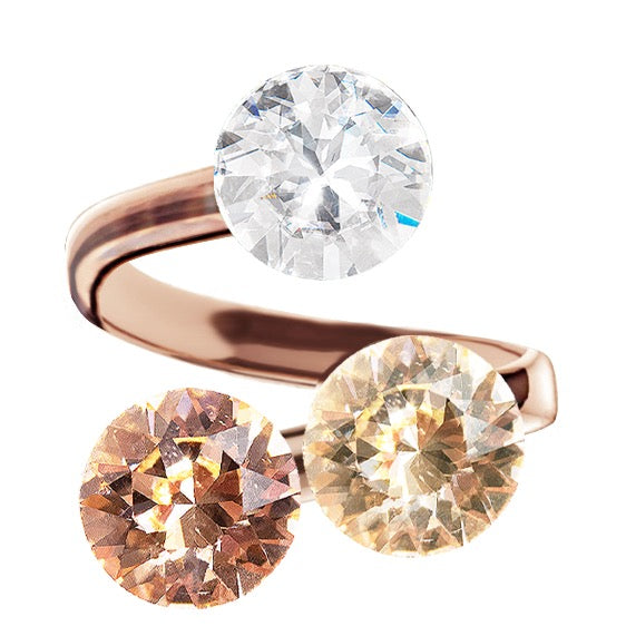 Rosegold gredzens ar bēšīgu, caurspīdīgu un persika krāsā kristālu