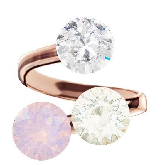 Rosegold gredzens ar rozā opāla, caurspīdīgu un baltā opāla kristālu