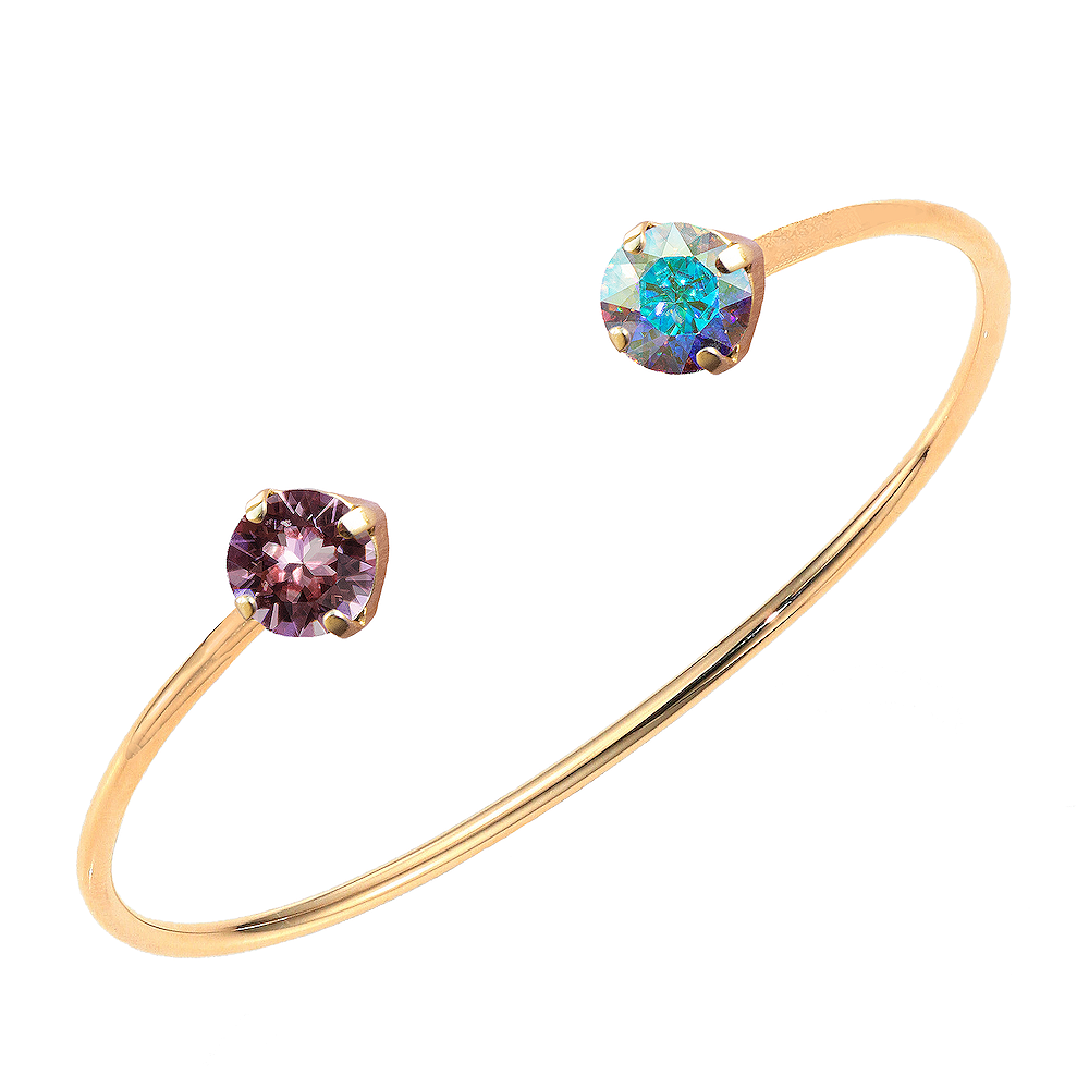 Apzeltīta rokassprādze Swarovski ar zaļgani dzeltenu un rozgani violetu kristālu