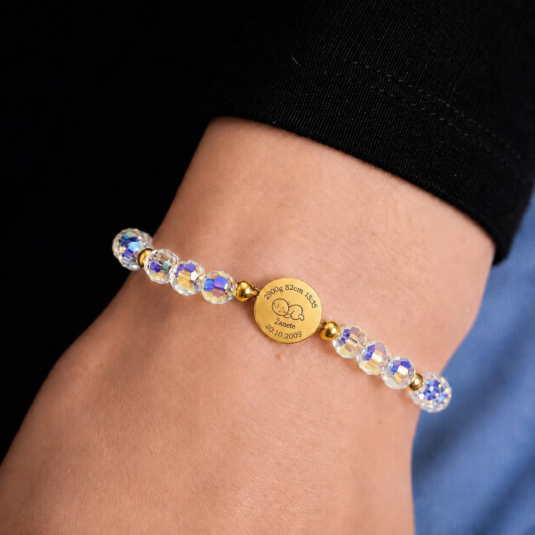 Crystal bracelet with personalized child's medallion