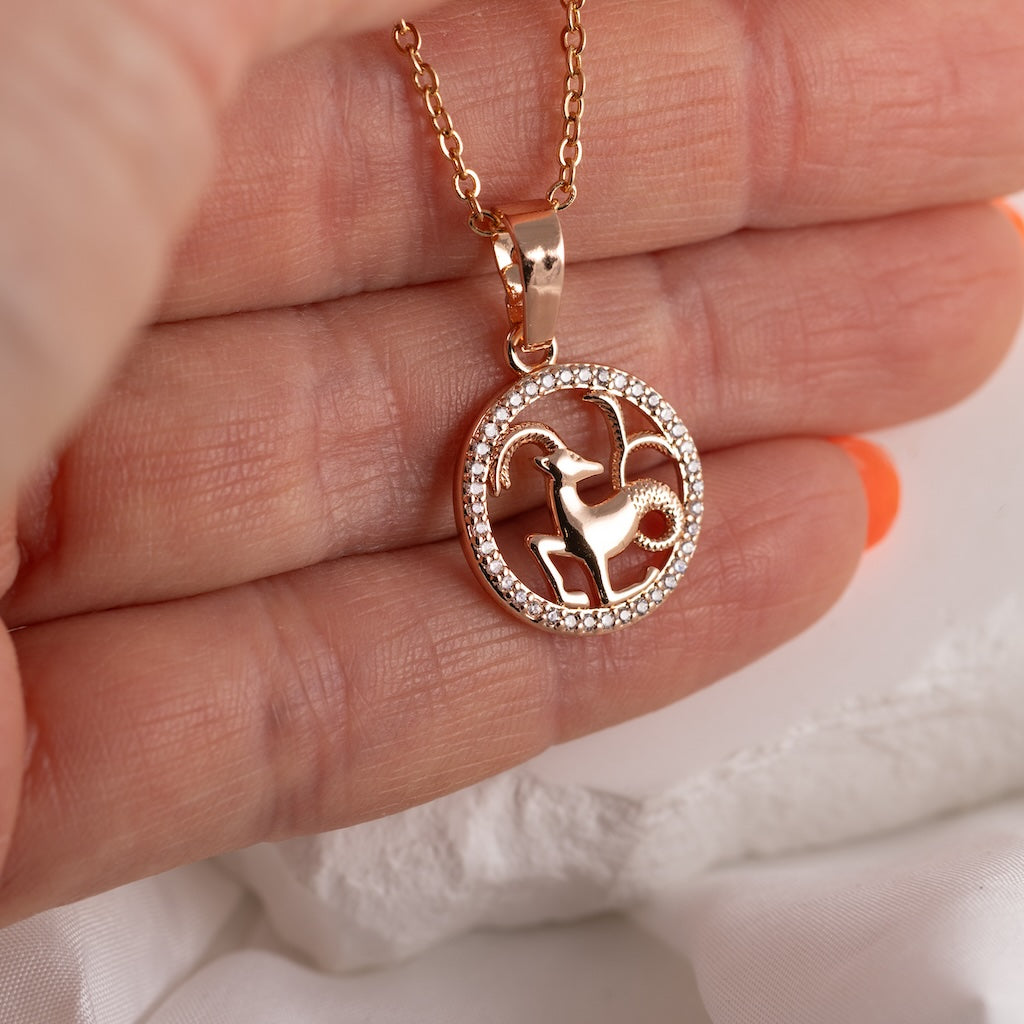 Rose gold zodiaka kaklarota – eleganta, ūdensizturīga rotaslieta ikdienai.