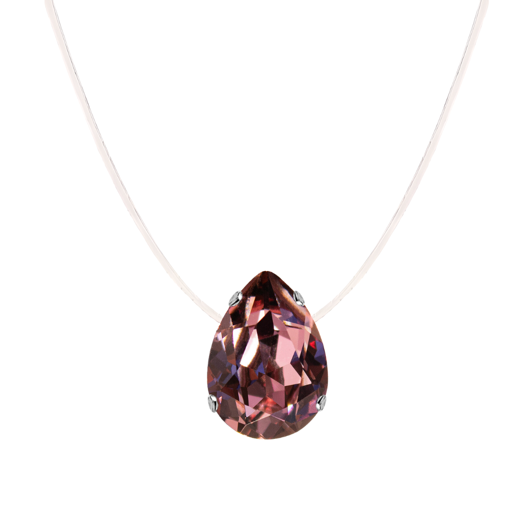 sudraba neredzamā kaklarota ar bordo kristālu lāsīti caurspīdīgā aukliņā